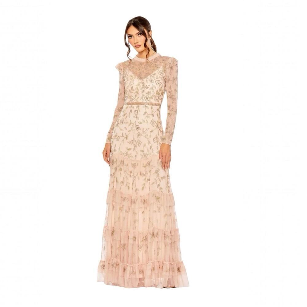 Mac Duggal 9237 Blush Hi Neck Embellished Tiered Gown Size 6 $698